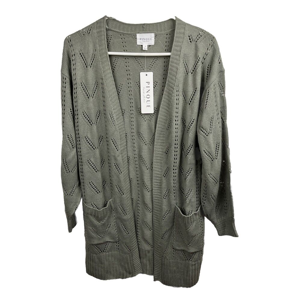Pinque Cardigan Sweater Womens Small Sage Olive Green Pockets Open Front